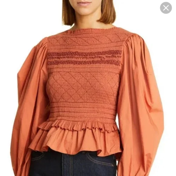 Ulla Johnson Amelia Smocked Puff Sleeve Poplin Blouse in Clay - Picture 2 of 6